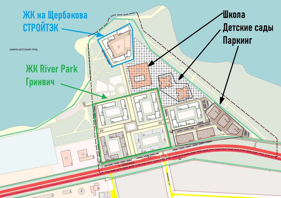 Проект застройки Нижне-Исетского пруда на Щербакова