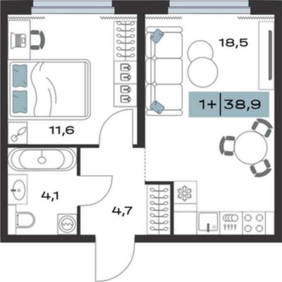 Дом 1 | Секции 1-4 - Планировка однокомнатной квартиры в ЖК ТОЛК в Академическом в Екатеринбурге