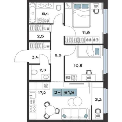 Дом 1 | Секции 1-4 - Планировка двухкомнатной квартиры в ЖК ТОЛК в Академическом в Екатеринбурге