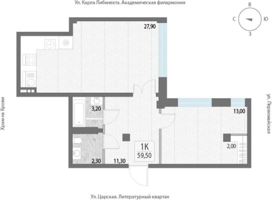 1 очередь | Дом 1 - Планировка однокомнатной квартиры в ЖК Литературный в Екатеринбурге