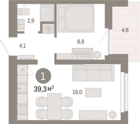 Дом 4 - Планировка однокомнатной квартиры в ЖК Брусника в Академическом в Екатеринбурге