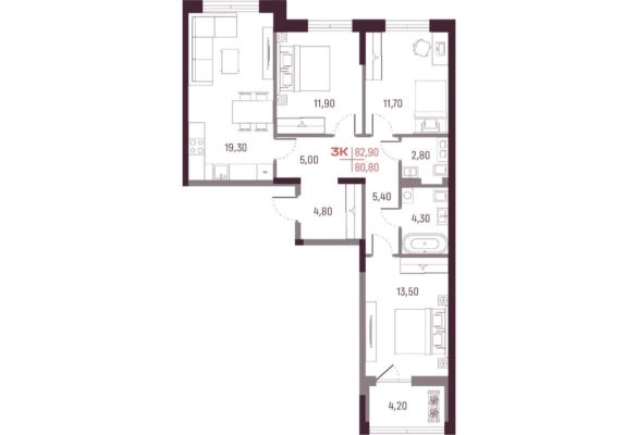 2 очередь - Литер 2: Секции 1-4 - Планировка трехкомнатной квартиры (и больше) в ЖК А Плюс + в Екатеринбурге