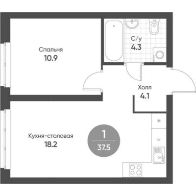 Дом 6.3 - Планировка однокомнатной квартиры в ЖК Солнечный в Екатеринбурге