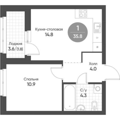 Дом 6.3 - Планировка однокомнатной квартиры в ЖК Солнечный в Екатеринбурге