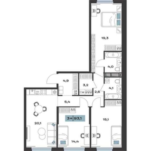 Дом 1 | Секции 1-4 - Планировка трехкомнатной квартиры (и больше) в ЖК ТОЛК в Академическом в Екатеринбурге