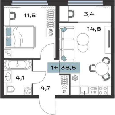 Дом 1 | Секции 1-4 - Планировка однокомнатной квартиры в ЖК ТОЛК в Академическом в Екатеринбурге
