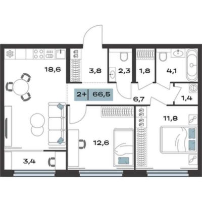 Дом 1 | Секции 1-4 - Планировка двухкомнатной квартиры в ЖК ТОЛК в Академическом в Екатеринбурге