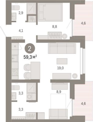 Дом 4 - Планировка двухкомнатной квартиры в ЖК Брусника в Академическом в Екатеринбурге