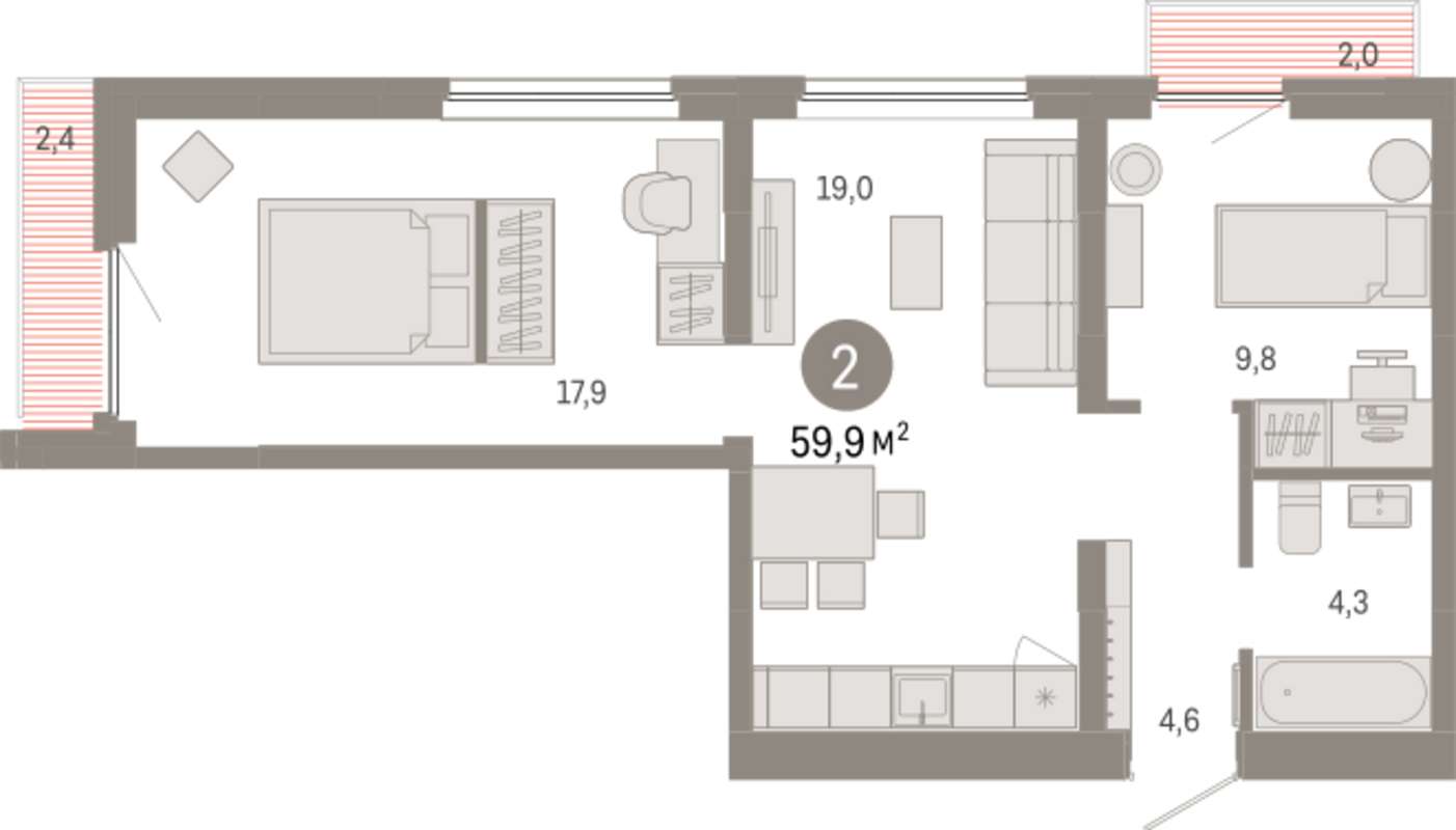 2-комнатная квартира 59,9 м² в 4 доме в ЖК Брусника в Академическом в  Екатеринбурге