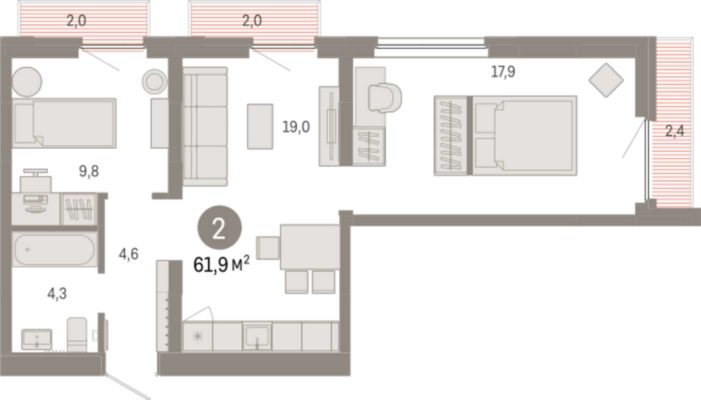 Дом 4 - Планировка двухкомнатной квартиры в ЖК Брусника в Академическом в Екатеринбурге
