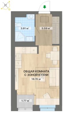 1 очередь | Дома 1; 2 - Планировка студии в ЖК  в Екатеринбурге