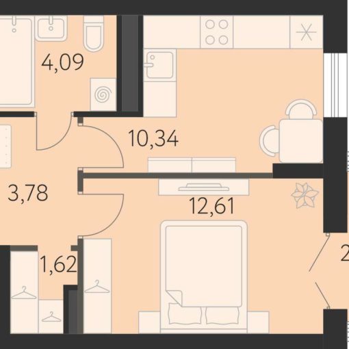 Блок 17.1 - Планировка однокомнатной квартиры в ЖК Спутник-1 в Екатеринбурге