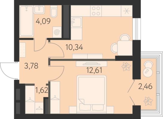 Блок 17.1 - Планировка однокомнатной квартиры в ЖК Спутник-1 в Екатеринбурге