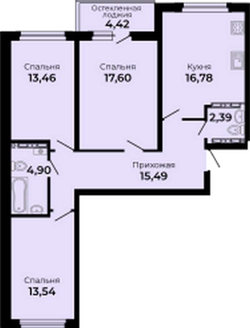 3-комнатная квартира 86,37 м² в секциях 1-5 в ЖК Есенин в Верхней Пышме -  Купить по цене от застройщика