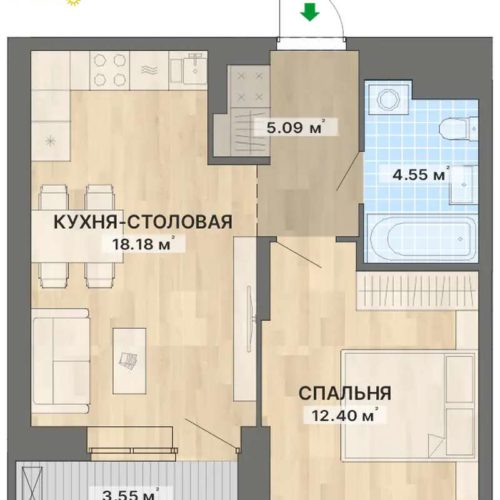 1 очередь | Дома 1; 2 - Планировка однокомнатной квартиры в ЖК  в Екатеринбурге