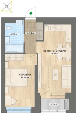 1 очередь | Дома 1; 2 - Планировка однокомнатной квартиры в ЖК  в Екатеринбурге