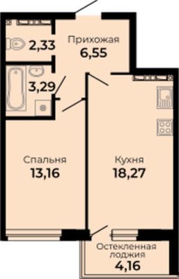 Дом 1 | Секции 1-5 - Планировка однокомнатной квартиры в ЖК Есенин в Верхней Пышме