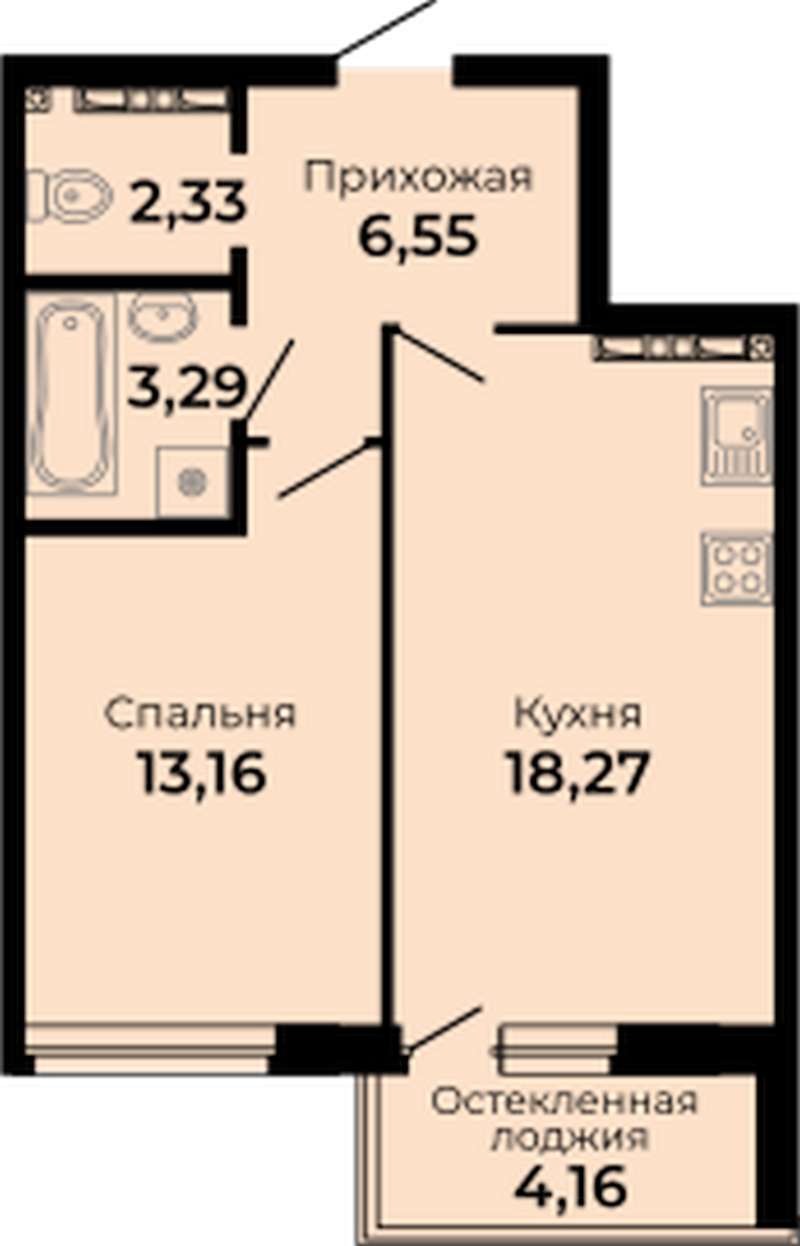 1-комнатная квартира 45,68 м² в секциях 1-5 в ЖК Есенин в Верхней Пышме -  Купить по цене от застройщика