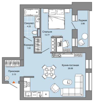 Дом 4 | Этап 1 - Планировка однокомнатной квартиры в ЖК Лес в Екатеринбурге