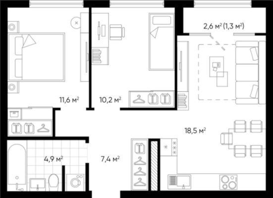 Дом 2 - Планировка двухкомнатной квартиры в ЖК Amundsen в Екатеринбурге