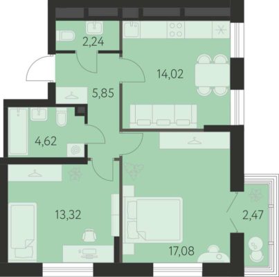 Блок 17.1 - Планировка двухкомнатной квартиры в ЖК Спутник-1 в Екатеринбурге