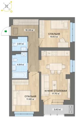 1 очередь | Дома 1; 2 - Планировка двухкомнатной квартиры в ЖК  в Екатеринбурге