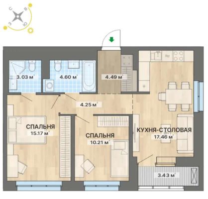 1 очередь | Дома 1; 2 - Планировка двухкомнатной квартиры в ЖК  в Екатеринбурге