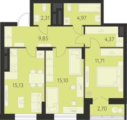 Блок 17.1 - Планировка двухкомнатной квартиры в ЖК Спутник-1 в Екатеринбурге
