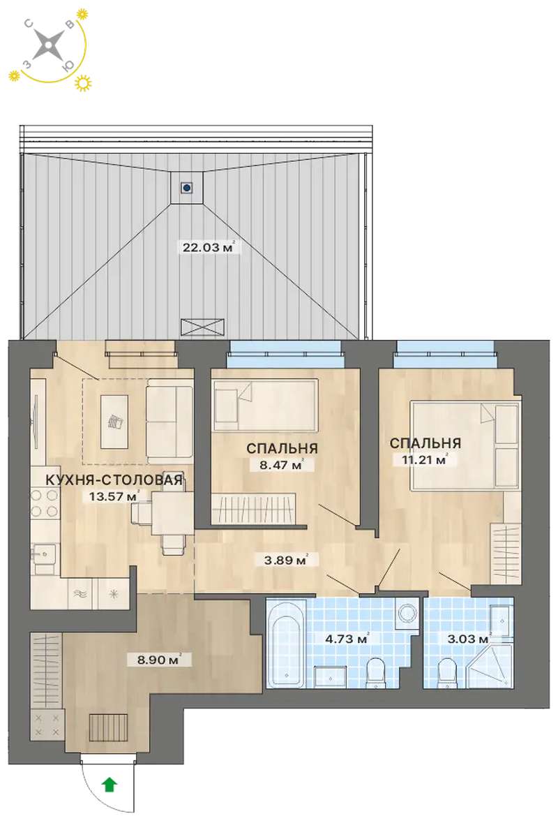 2-комнатная квартира 75,83 м² в ЖК Речной квартал в Екатеринбурге