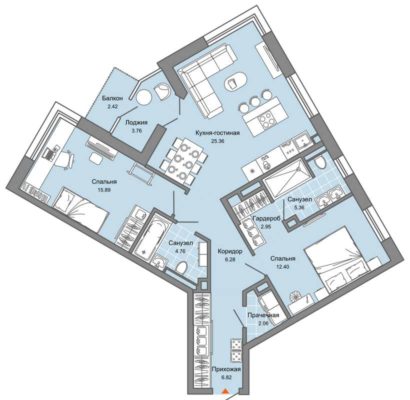 Дом 4 | Этап 1 - Планировка двухкомнатной квартиры в ЖК Лес в Екатеринбурге