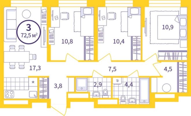 Дом 4 - Планировка трехкомнатной квартиры (и больше) в ЖК Астон.Сезоны в Екатеринбурге