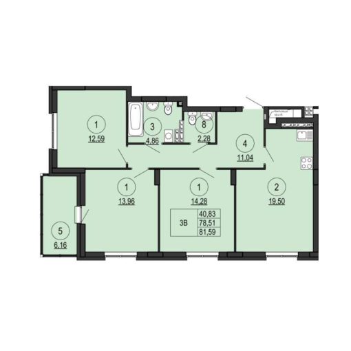 Дома 1; 2 - Планировка трехкомнатной квартиры (и больше) в ЖК Центральный в Сысерти