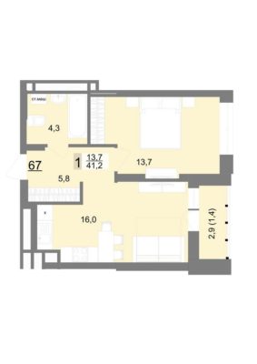 Дом 1 - Планировка однокомнатной квартиры в ЖК Шаумяна 77 в Екатеринбурге