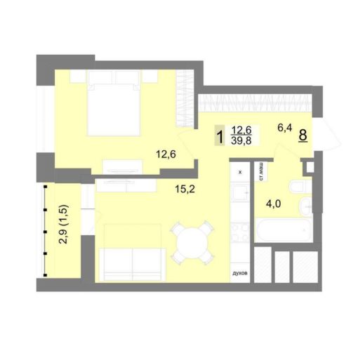 Дом 1 - Планировка однокомнатной квартиры в ЖК Шаумяна 77 в Екатеринбурге