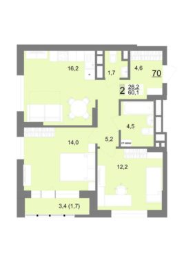 Дом 1 - Планировка двухкомнатной квартиры в ЖК Шаумяна 77 в Екатеринбурге