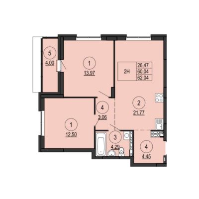 Дома 1; 2 - Планировка двухкомнатной квартиры в ЖК Центральный в Сысерти