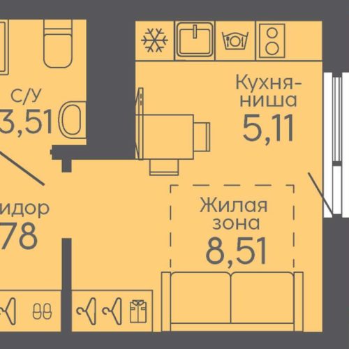 Дом 5  - Планировка студии в ЖК Новокольцовский в Екатеринбурге