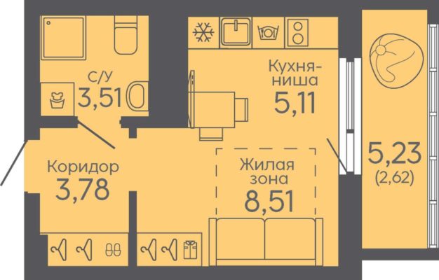 Дом 5  - Планировка студии в ЖК Новокольцовский в Екатеринбурге