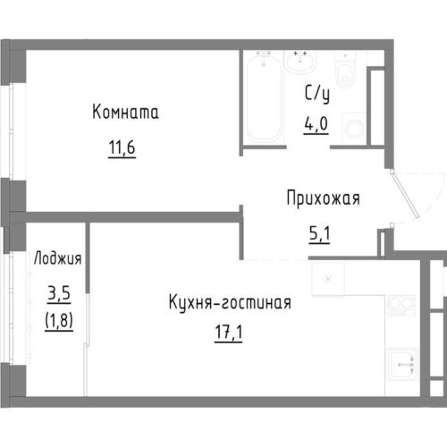 Дом 1 - Планировка однокомнатной квартиры в ЖК Мирлеон в Екатеринбурге