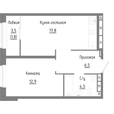 Дом 1 - Планировка однокомнатной квартиры в ЖК Мирлеон в Екатеринбурге
