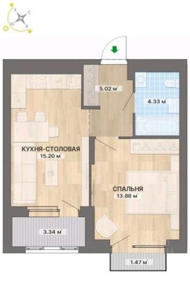 7 очередь | 2 дома - Планировка однокомнатной квартиры в ЖК Северное сияние в Екатеринбурге