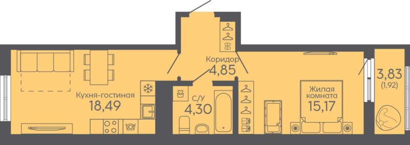 Дом 5  - Планировка однокомнатной квартиры в ЖК Новокольцовский в Екатеринбурге