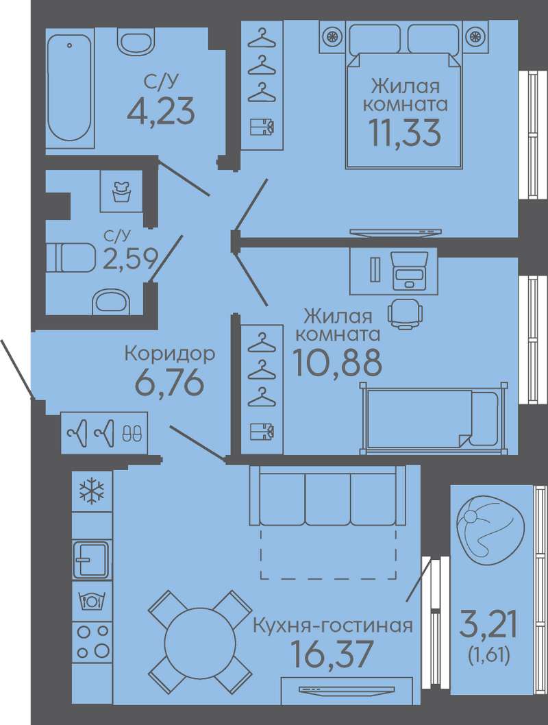 2-комнатная квартира 54 м² в 5 доме в ЖК Новокольцовский в Екатеринбурге -  Купить по цене от застройщика