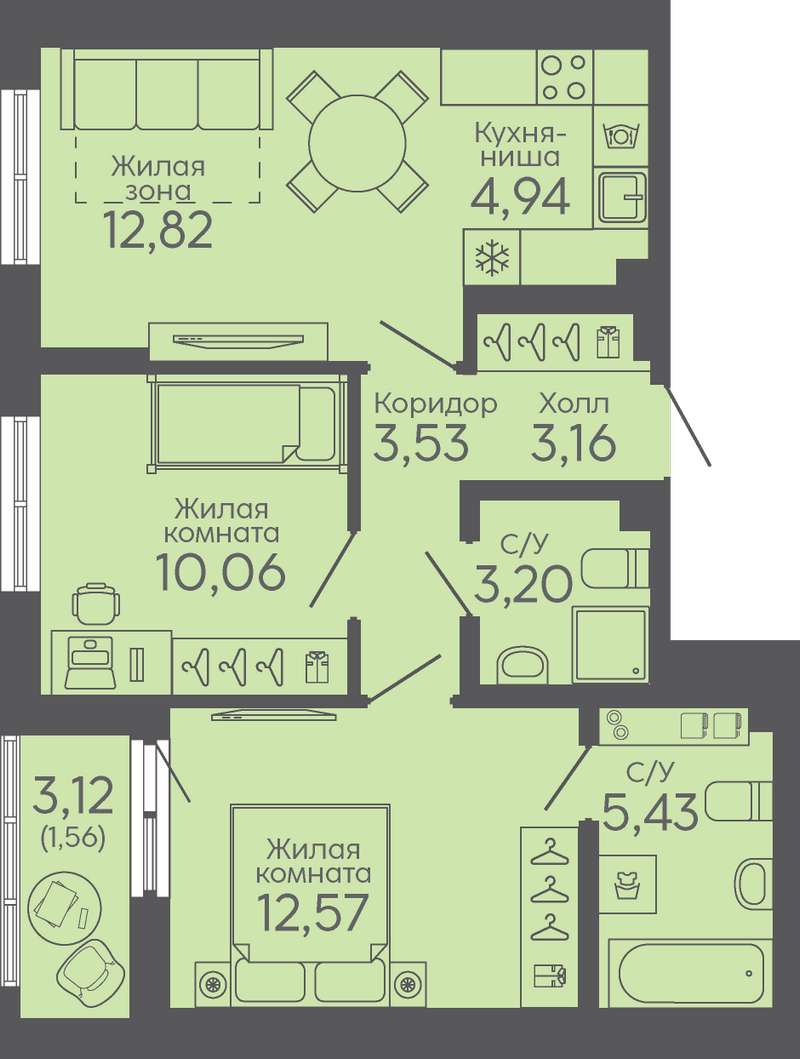 2-комнатная квартира 57 м² в 5 доме в ЖК Новокольцовский в Екатеринбурге -  Купить по цене от застройщика