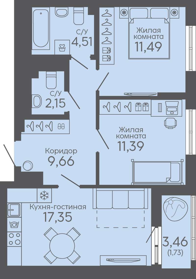 2-комнатная квартира 58 м² в 5 доме в ЖК Новокольцовский в Екатеринбурге -  Купить по цене от застройщика