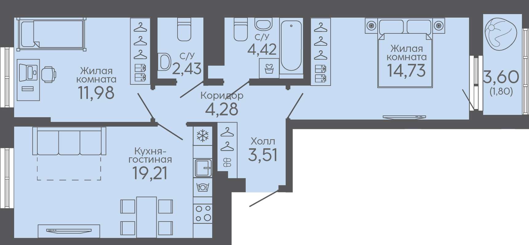 2-комнатная квартира 62 м² в 5 доме в ЖК Новокольцовский в Екатеринбурге -  Купить по цене от застройщика