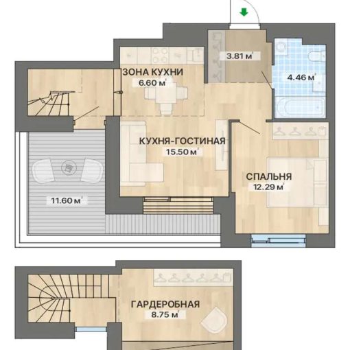 8 очередь | Дом 1 - Планировка двухкомнатной квартиры в ЖК Северное сияние в Екатеринбурге