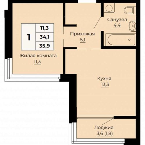 2 очередь | Дом 1.4 (№2 по ПГУ) - Планировка однокомнатной квартиры в ЖК Ольховский парк в Екатеринбурге