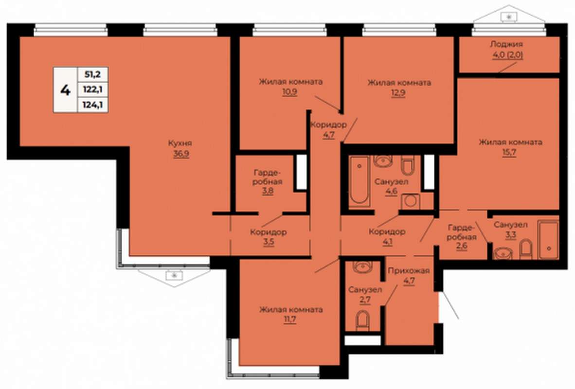 4-комнатная квартира 124,1 м² в доме 1.4 (2 ПЗУ) в ЖК Ольховский парк в  Екатеринбурге - Купить по цене от застройщика