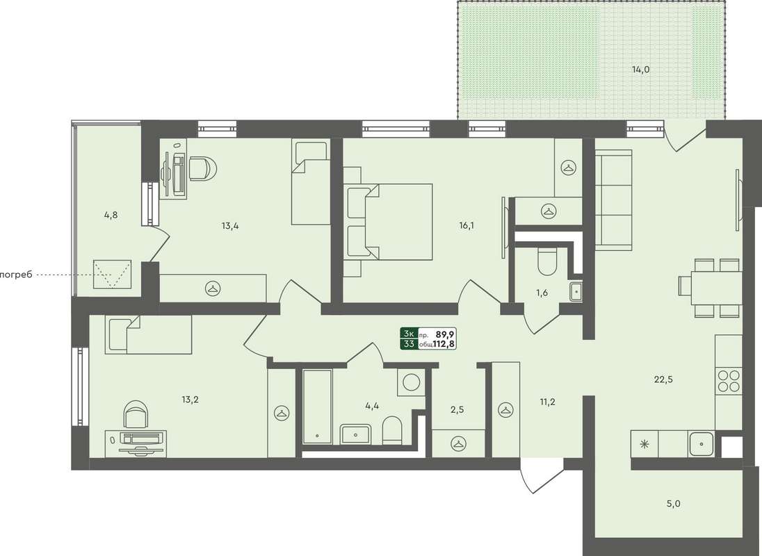 1-комнатная квартира 52,5 м² в доме 33.1 в ЖК Совушки в Екатеринбурге -  Купить по цене от застройщика